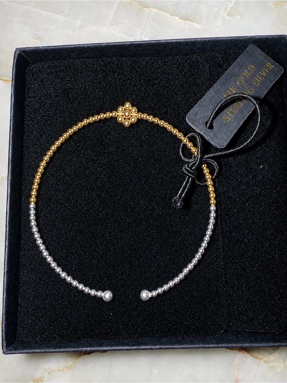 14K Gold & Sterling Silver Two-Tone Beaded Cuff Bracelet Floral Accent NWT